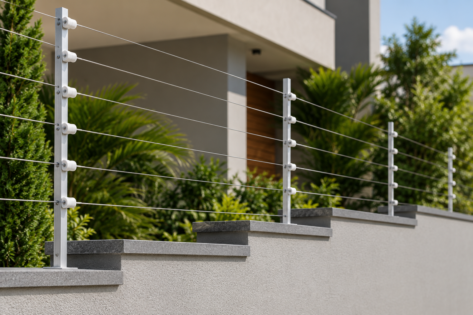 cerca elétrica residencial com hastes comuns e fios sobre um muro